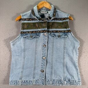 Vintage Bill Blass Denim‎ Jean Vest Womens Large Blue Embroidered Aztec Floral